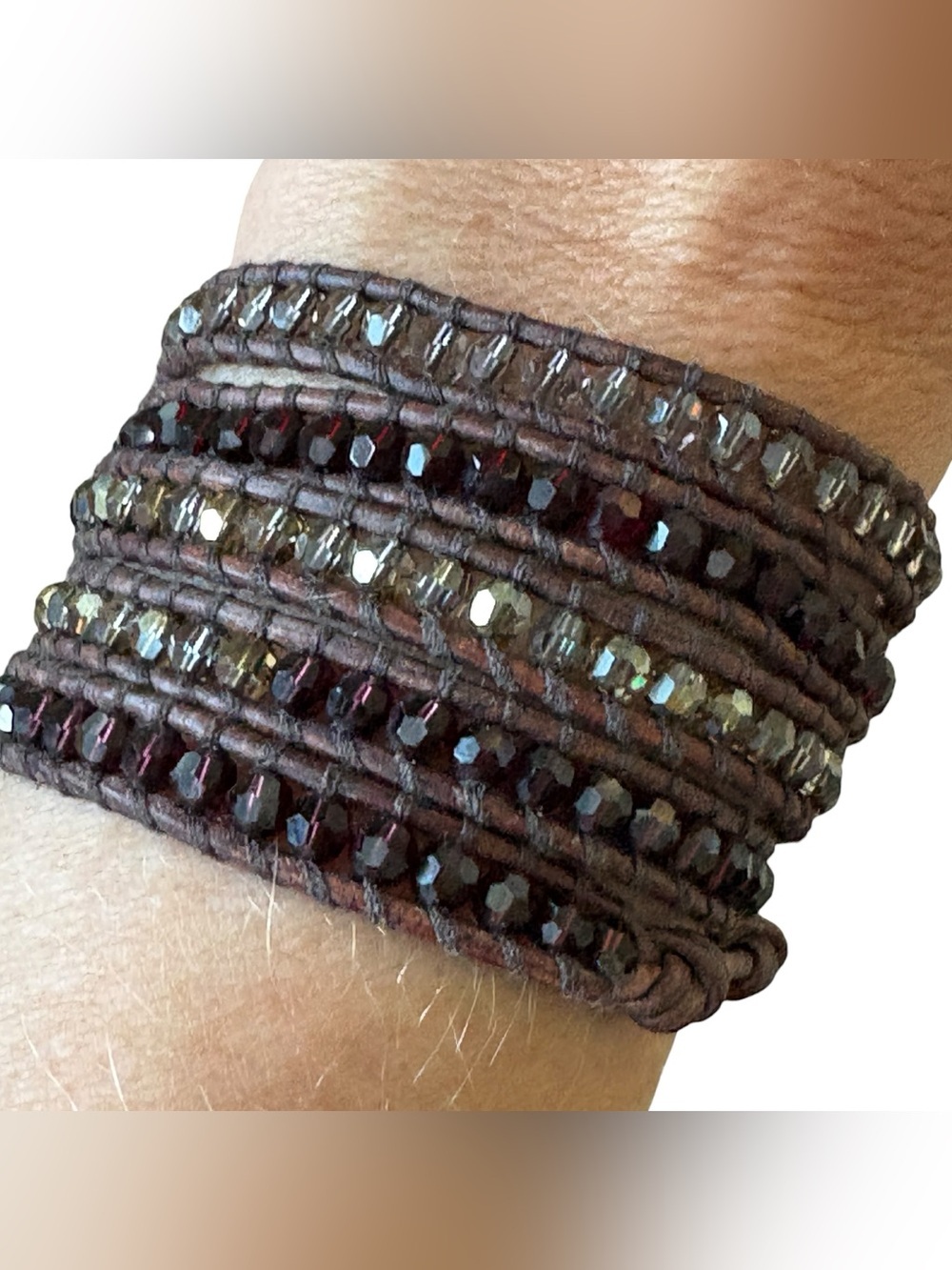 Chan Luu 925 Silver Beaded Red Grey Crystal Leather 5 Wrap Bracelet
